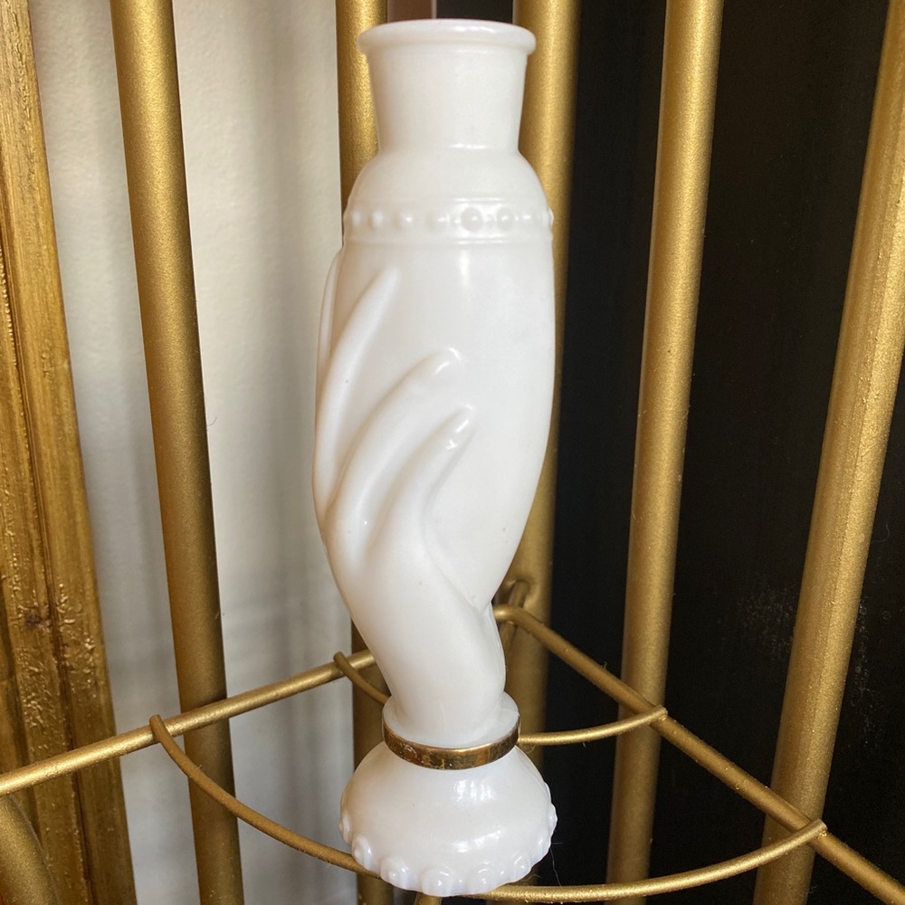 Vintage milk glass Avon flower vase with hand detail